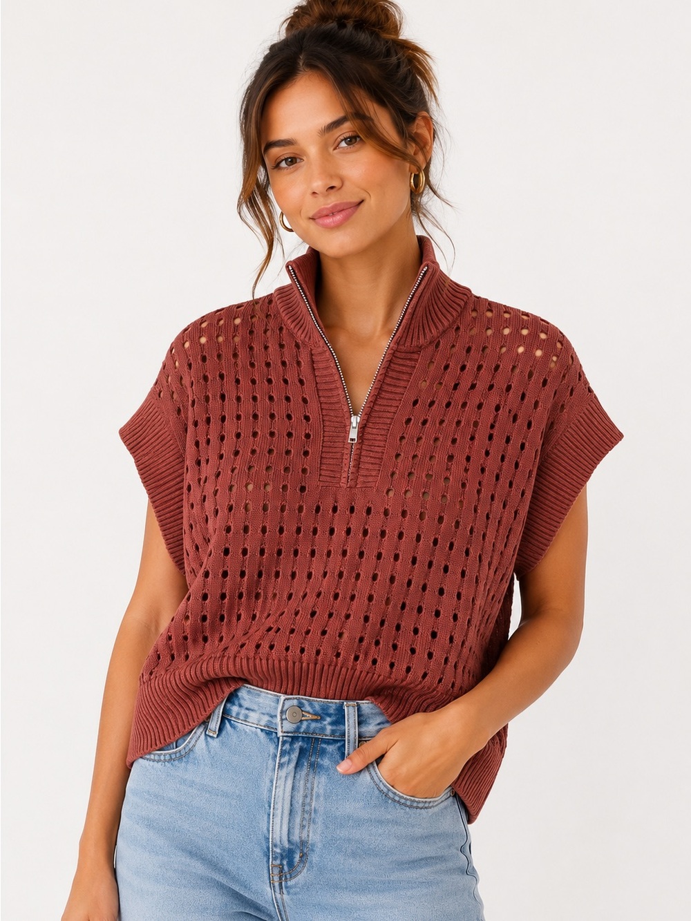 Grace Karin‎ Rust Crochet Knit Sweater Top Womens Small Boho Chic Lightweight